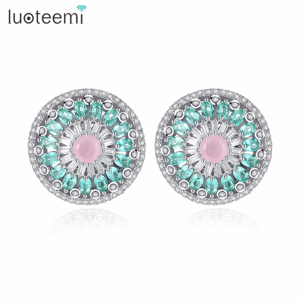 LUOTEEMI Wholesale Korean Style Circle Fancy Stud Earring Mounting Colorful CZ Crystal for Women Valentine's Day Gift