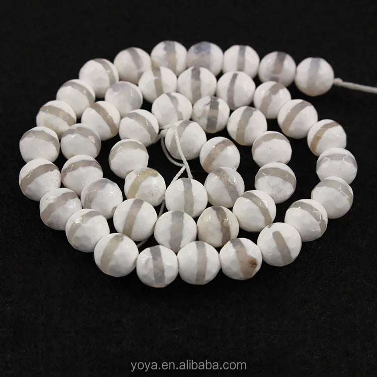 AB0236 Faceted White and Grey Striped Tibetan Agate Beadstibet Agate Dzi Beads