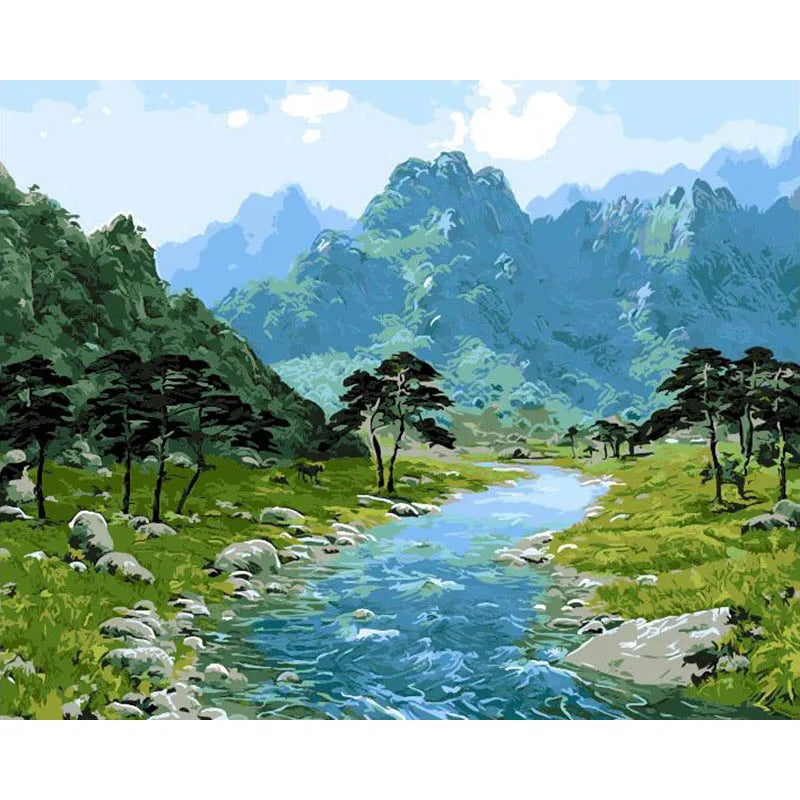 CHENISTORY DZ1511 Paint by Numbers Landscape Green Mountains and Rivers No Frame for Kits Canvas Painting