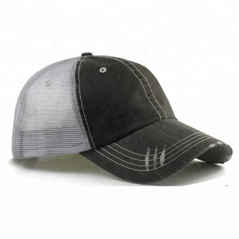 Wholesale Plain Distressed Vintage Trucker Cap Blank Poplin Fabric with Hand Embroidered Leopard Dot Argyle Fruit Patterns