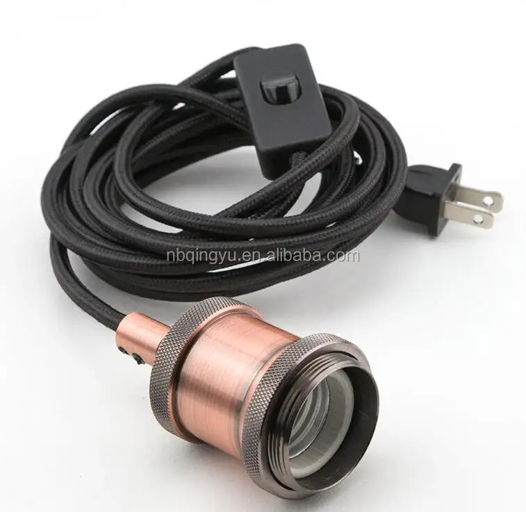 Vintage Black Fabric Cord Pendant Light Edison Style Ceiling Light with Screw US Plug CE Certified Copper/Metal Twisted Cable