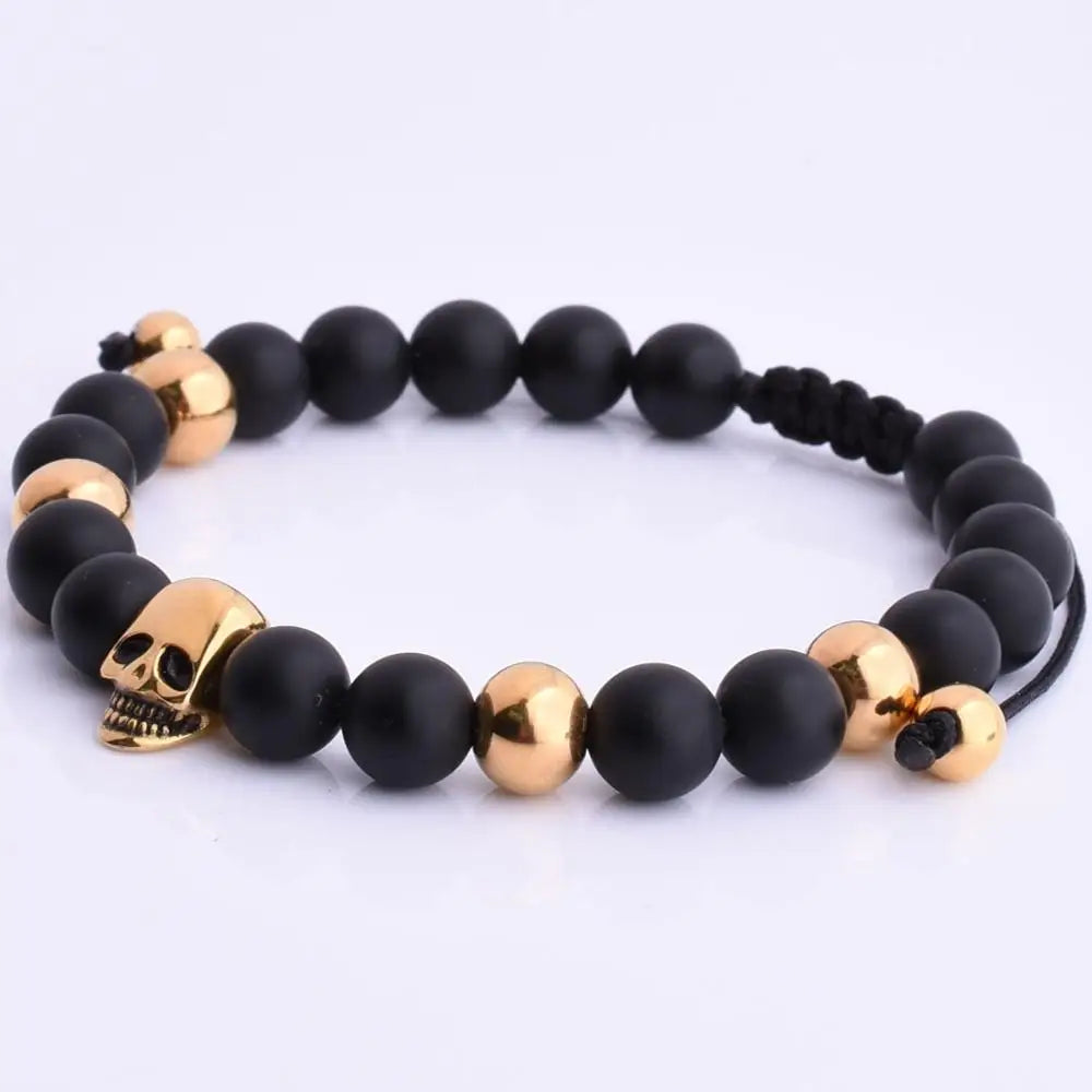 Cool Style Gold Stainless Steel North Skull Onxy Gemstone Braided Bracelet