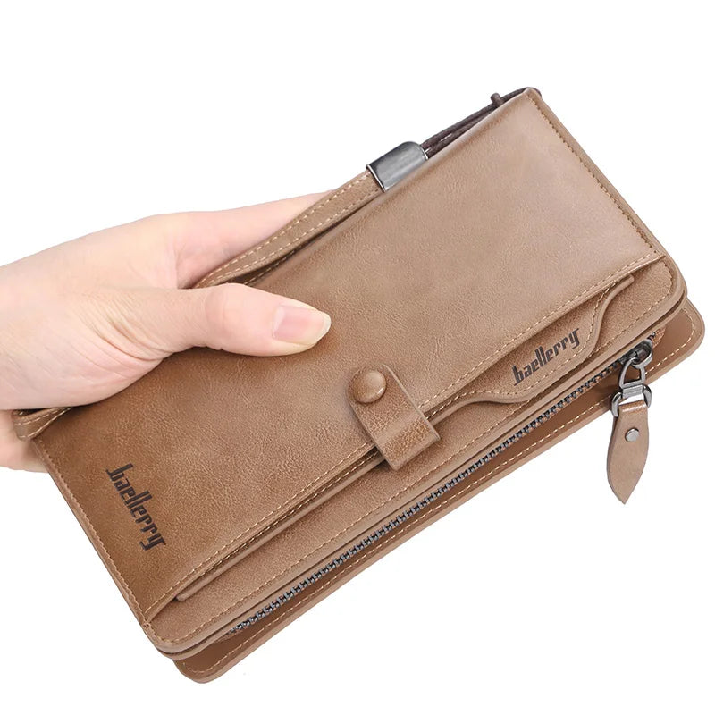 Baellerry Vintage New Long PU Leather Casual Clutch Wallets for Man with Handle Strapmale Large Capacity Cell Phone Wallet
