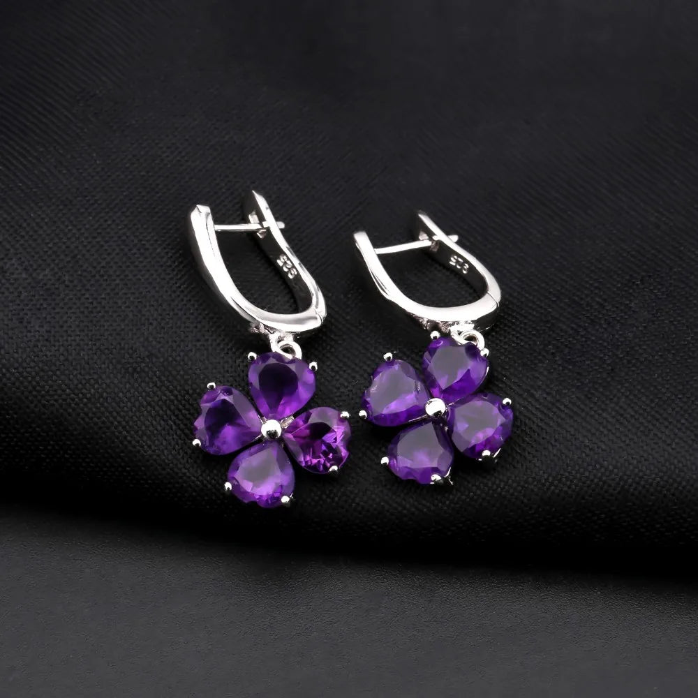 Abiding Clover Flower Luxury Natural Amethyst Gemstone Fashion 925 Sterling Silver Earring Jewelry