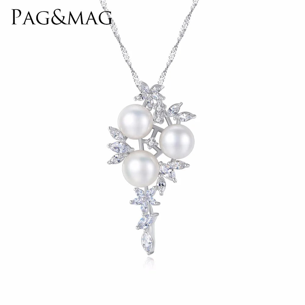 PAG&MAG New Arrivals S925 Sterling Silver Dangle Blossom Choker Mounting Three Natural Pearls Pendant Necklace for Women Gift
