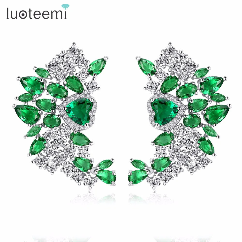 LUOTEEMI Fashion Trend Brass Jewelry Mixed Green Clear Geometric Cubic Zirconia Heart Shape Stud Earrings for Women