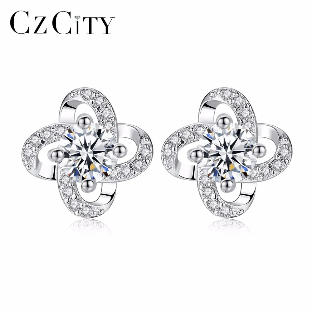 CZCITY Wholesale Flower Shape Sterling Silver 925 Stud Earring With Clear Delicate CZ Crystal Earrings for Women Wedding Gift