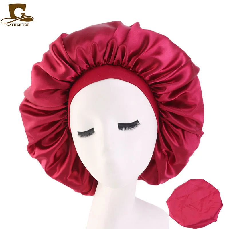 New Solid Silk Sleep Bonnet Hat Extra Large Stain Chemo Cap With Elastic Band TJM-405A