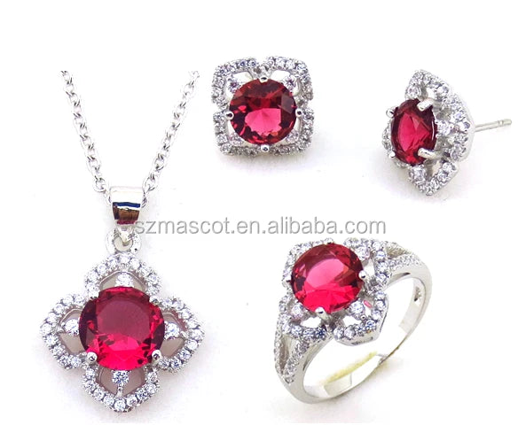 Customized Design Ruby Glass 925 Silver Jewellery Sets