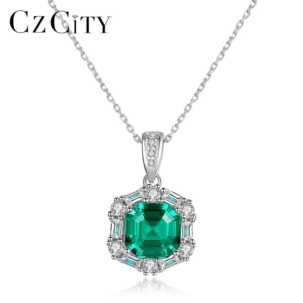 CZCITY Big Emerald Gemstone Pendant Necklace for Women Classic Square Shape Pendants