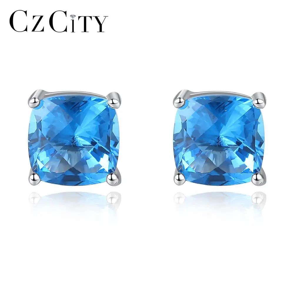 CZCITY Fashion High Quality 925 Silver Jewelry Sapphire Square Sterling Silver Stud Earrings Christmas Gift