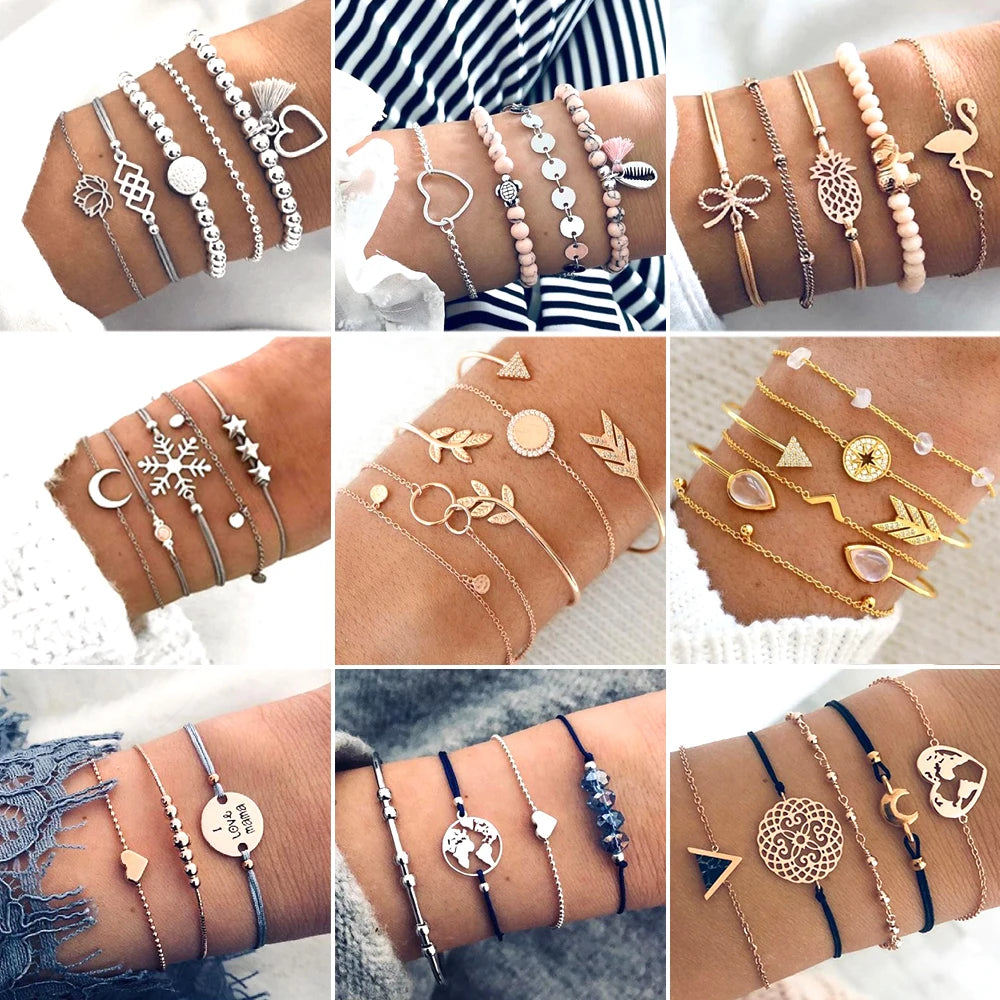 Boho Bangle Elephant Heart Shell Star Moon Bow Map Crystal Bead Bracelet Women Charm Jewelry Accessories