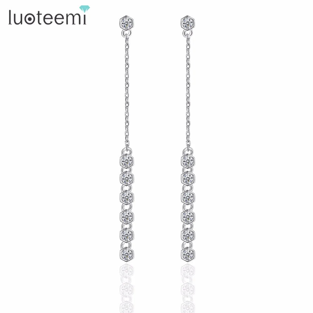 LUOTEEMI Women Silver Color Classic 7pcs Round Cut Cubic Zirconia Statement Link Chain Drop Earrings for Female Dangle Earrings