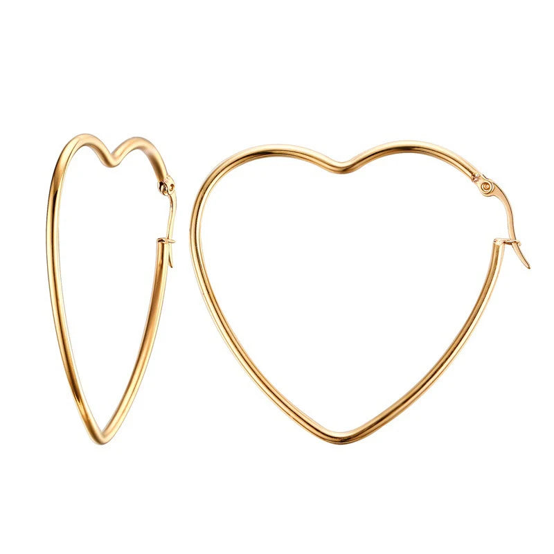 Free Shipping Stainless Steel Gold Plated Heart Shape Hoop Earrings for Women