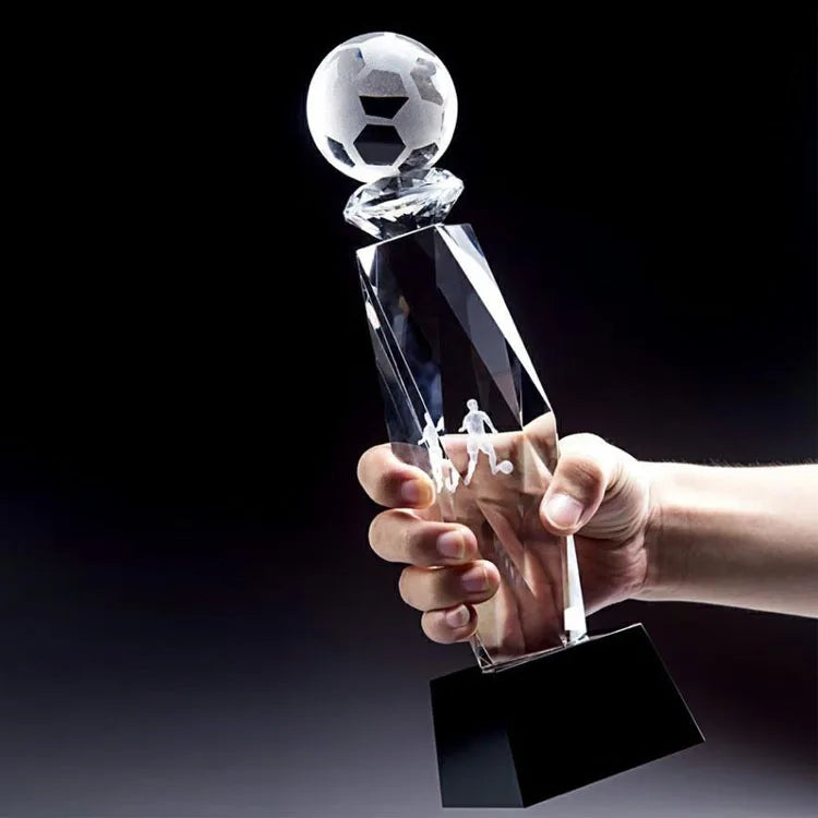 Manufacture Fantasy K9 Crystal 3D Laser Engraved American Soccer Trophy Crystal Glass Rugby Ball Trophies Football Cup Trophy