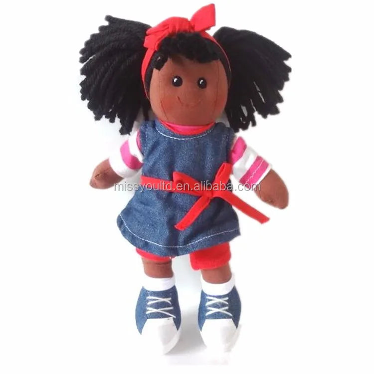 Factory Custom 30cm Black Girl Plush Doll Soft Toy with Hair Gift Idea