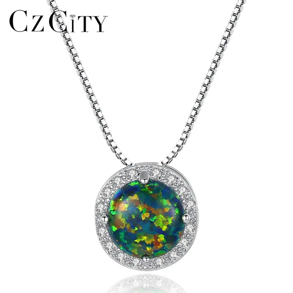 CZCITY S925 Sterling Silver Jewelry Synthetic Colorful Round Opal Pendant Silver Necklace for Women