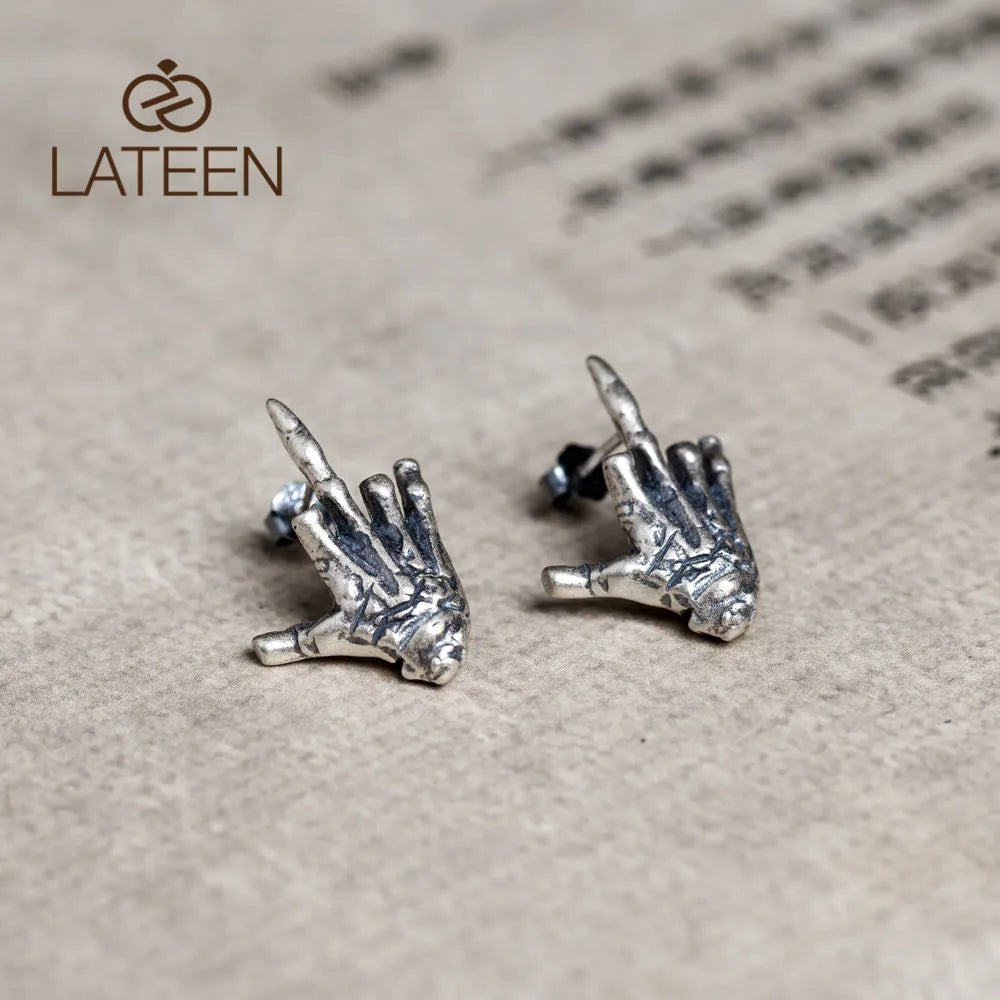 Fashion S925 Sterling Silver Earrings Skull Hand Skeleton Men Women Stud Post Single Earring