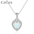 CZCITY Delicate Opal Stone Heart Pendant Necklace 925 Sterling Silver Chain Link Necklace Women Jewelry
