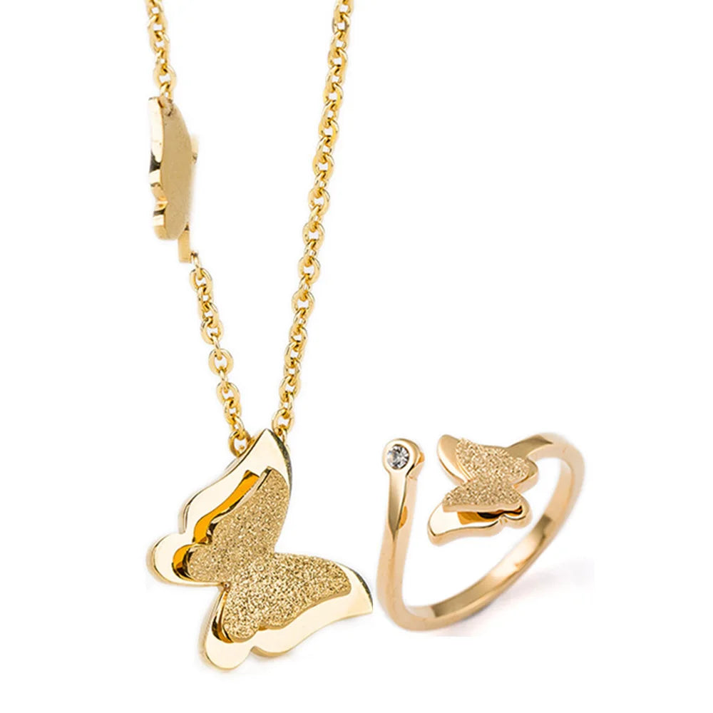Fashion Butterfly Necklace Set Plated 18k Rose Gold Stainless Steel Matte Butterfly Necklace Set for Women