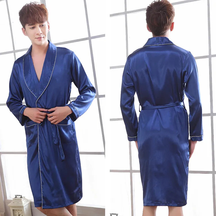 Chinese Faux Silk Bathrobe  Men Long Polyester Satin Bathrobe