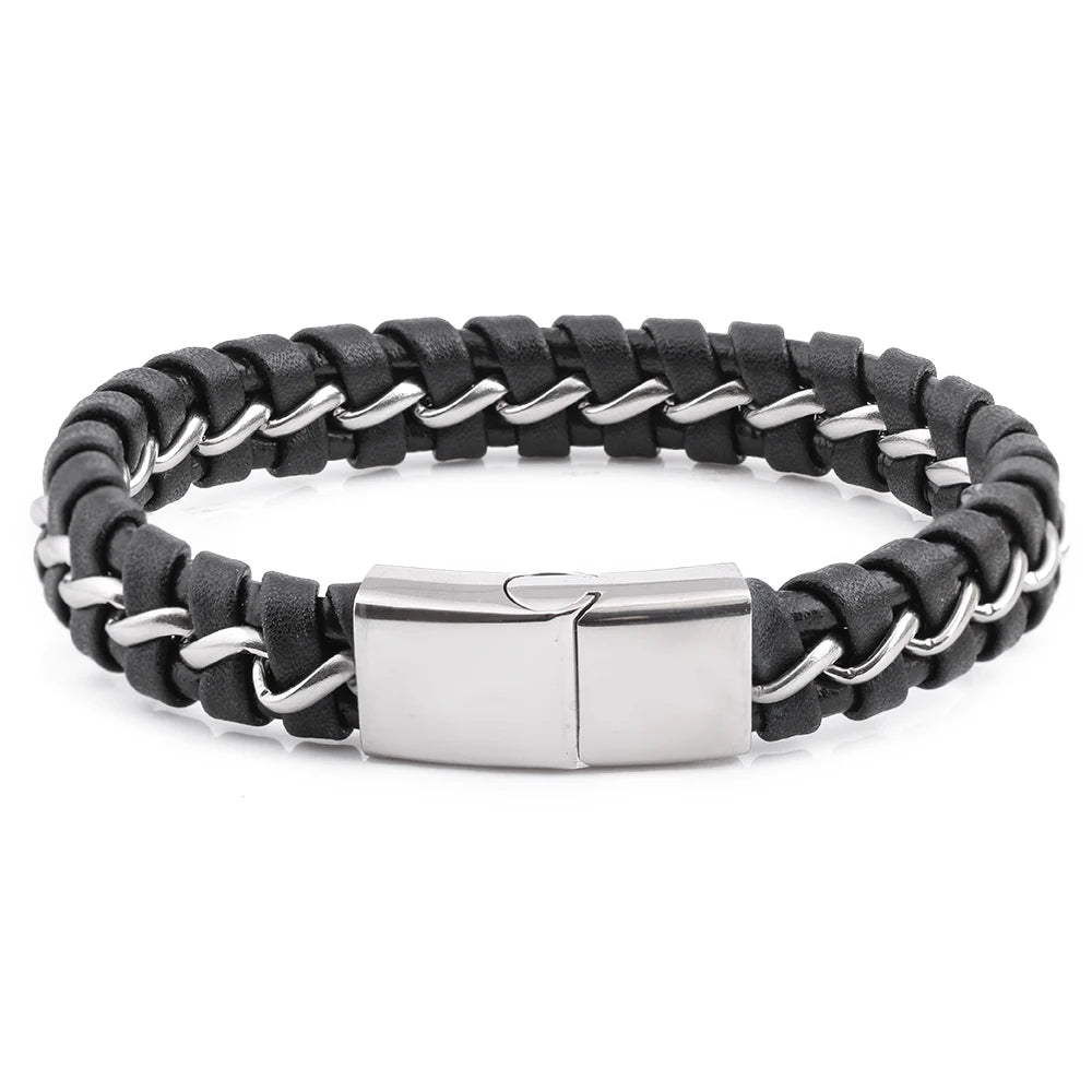 Yiwu Leather Bracelet Factory Hand-made Braided Leather Bracelet Magnetic Buckle Bracelet for Men