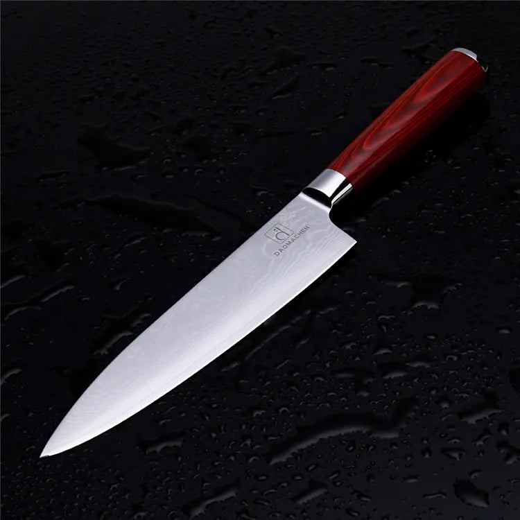 Online Hot Sale Professional Japanese Damascus Steel Chef Knife Set 67 Layers Red Wood Handle Bone Meat Cutting Food Industry