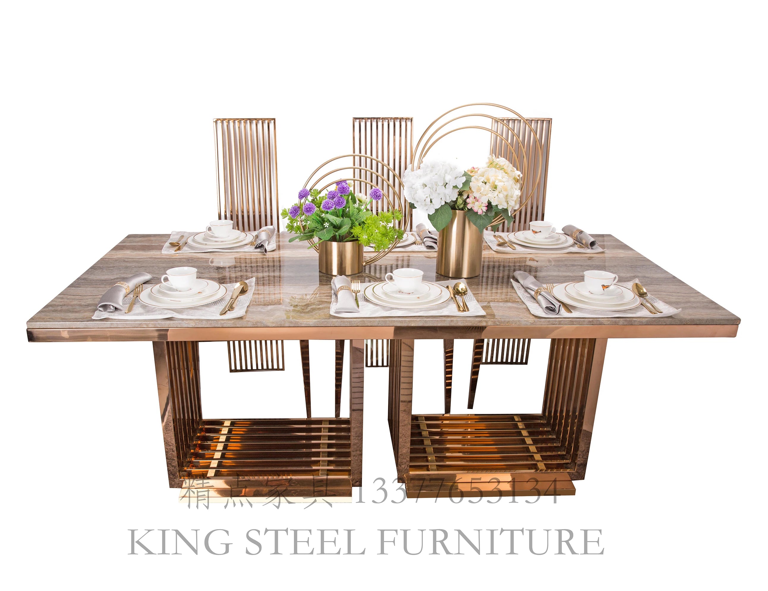Foshan Hot Furniture Luxury Marble Top Dining Table Modern Dining Room Furniture Luxury Metal Stainless Steel Dining Table Set