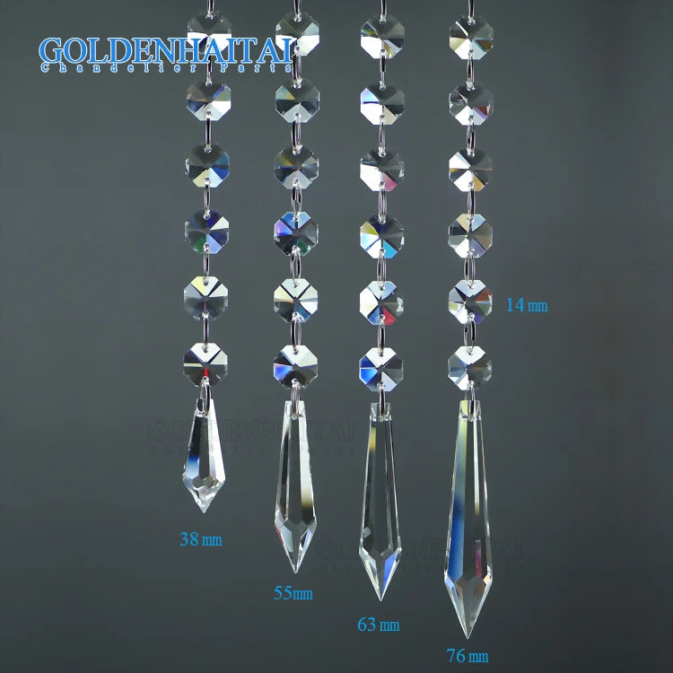 GOLDENHAITAI 14mm Crystal Octagon Beads with Icicle Drop Prism Hanging Crystal Lamp Pendant Garland Chain for Chandelier
