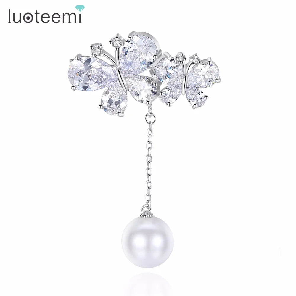LUOTEEMI New Vivid CZ Crystal Butterfly with Created White Round Pearl Drop Fashion Brooch Pin for Women Wedding Jewellery Gift
