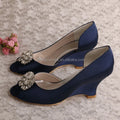 Customized Navy Wedding Shoes Wedge Heel with Rhinestones