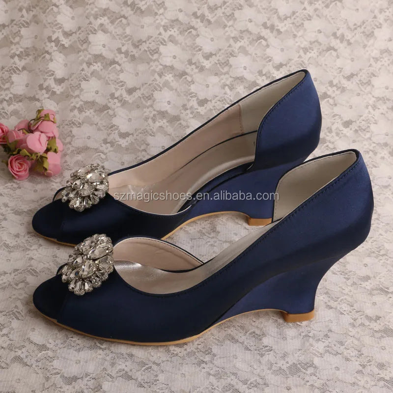 Customized Navy Wedding Shoes Wedge Heel with Rhinestones