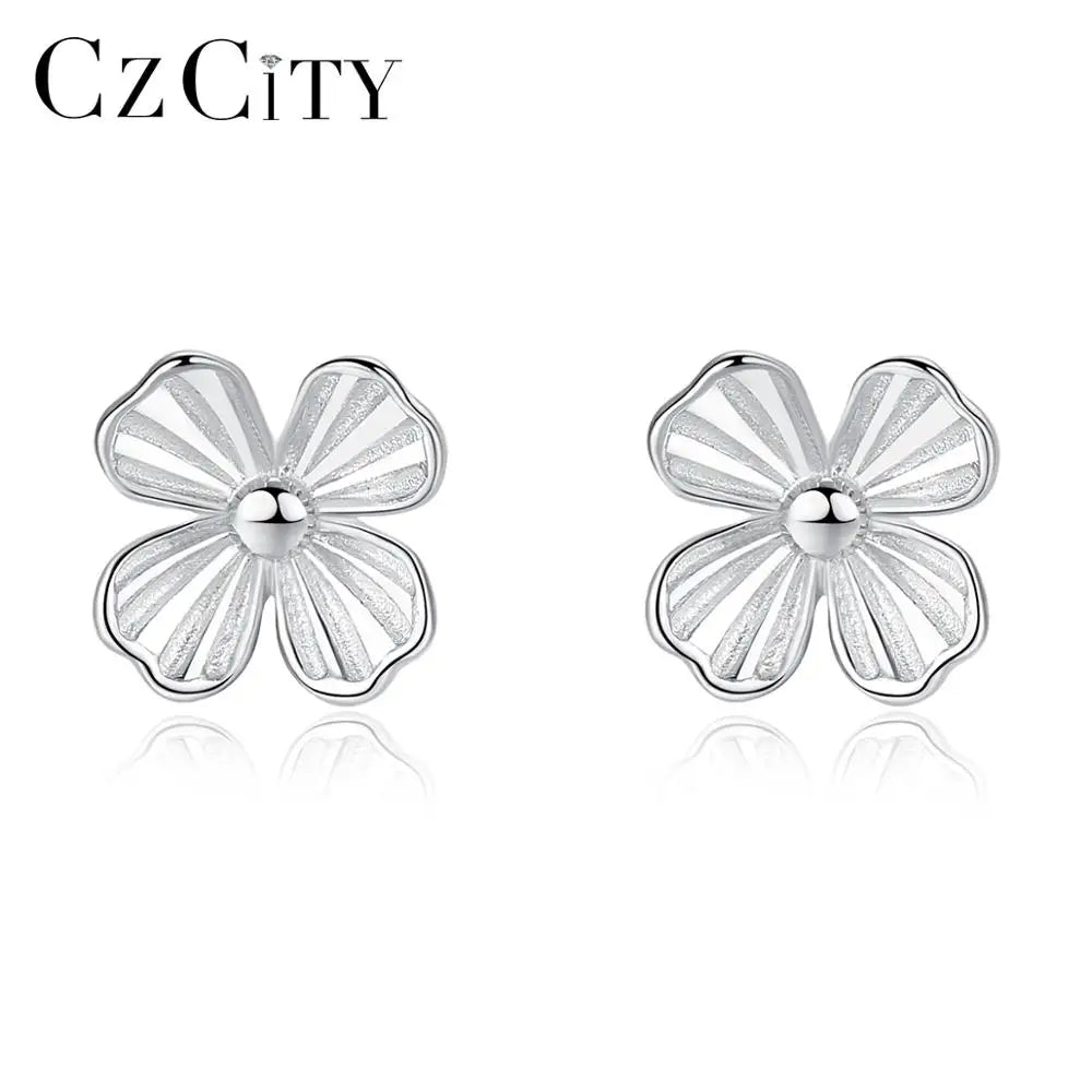 CZCITY 925 Sterling Silver Lovely Minimalist Flower Shaped Stud Earrings Fine Jewelry for Women