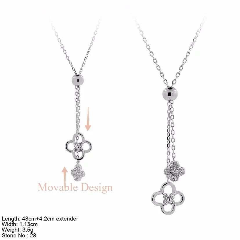 Wholesale Silver Zircon Jewelry Four Leave Clover Charm Lariat Necklace