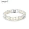 LUOTEEMI Silver-Color Double Row 5mm Created Pearls CZ Bracelet Bangles for Women Wedding Jewelry Bridesmaids Bridal Collection