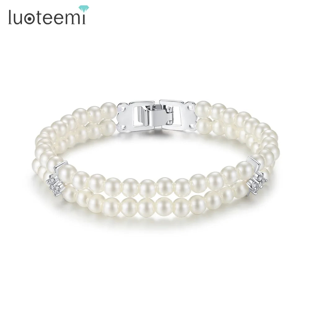 LUOTEEMI Silver-Color Double Row 5mm Created Pearls CZ Bracelet Bangles for Women Wedding Jewelry Bridesmaids Bridal Collection