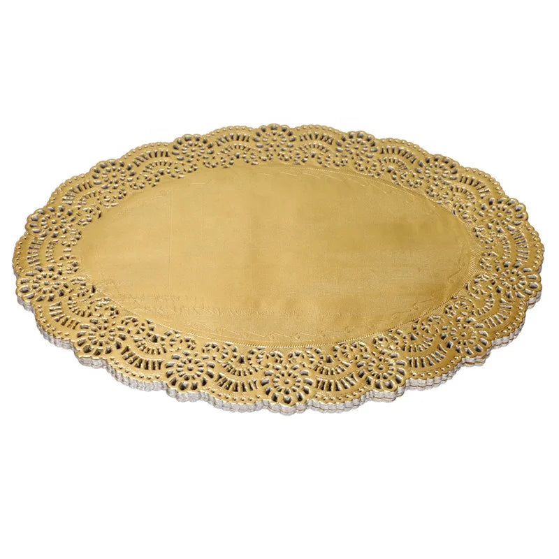Classical Wholesale Premium Hot Sell 13.8 Inch Oval Noble Gold Foil Lace Paper Doilies Europe Style Eco-Friendly