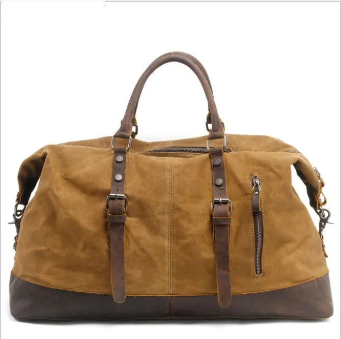 Large Zippered Cowhide Tote Duffle Bag Solid Color Canvas Travel Luggage with Hasp Closure Leisure Shoulder Weekender Travel Bag
