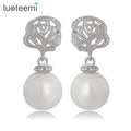LUOTEEMI Romantic Rose Flower Pearl Dangle Earring Women Luxury Noble Dinner Party Wedding Jewelry