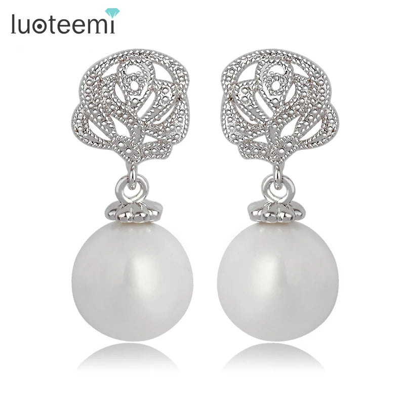 LUOTEEMI Romantic Rose Flower Pearl Dangle Earring Women Luxury Noble Dinner Party Wedding Jewelry