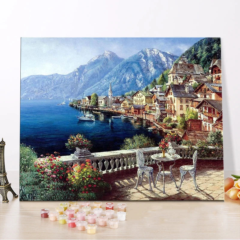 CHENISTORY 99021-Y Custom Designs DIY Painting Seaside Village House Paint by Number Kit Handmade Oil Painting on Canvas