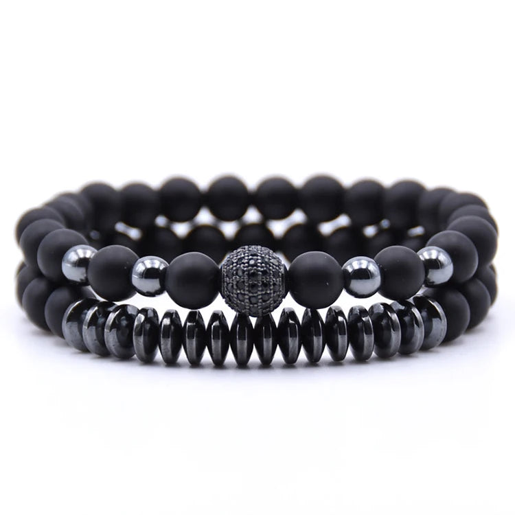 2pc/sets Beads Natural Stone Bracelets for Women Micro Pave CZ Ball Charms Bracelet Men Jewelry (KB8023)