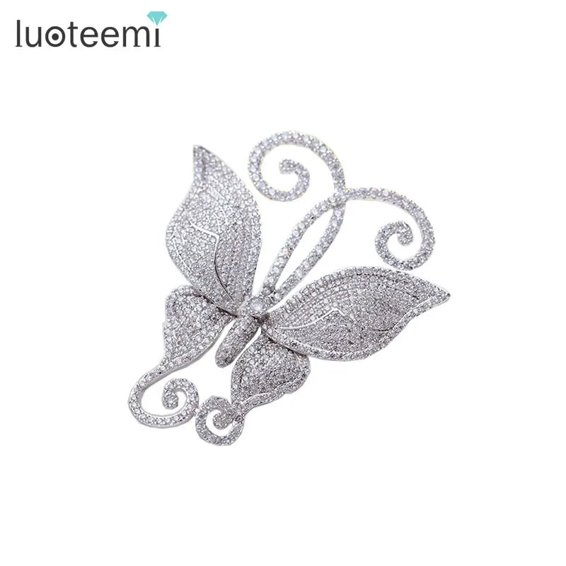 LUOTEEMI Wholesale New Arrivals Fancy Fashion Pure Sparkling Clear CZ Micro Pave Luxury Dancing Butterfly Brooch