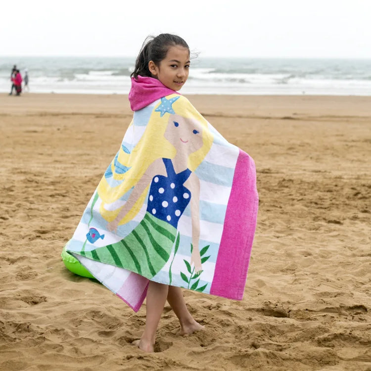 Cartoon-Printed 100% Cotton Hooded Poncho Bath and Beach Towel for Kids Woven Technics