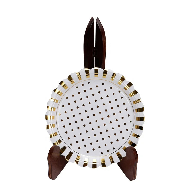 Classical Hot Sell Disposable  250gsm 7 Inch Gold Stripes and Dots Paper Plates