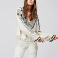 Autumn Tunic for Ladies Long Sleeve Linen Cotton Top with Embroidered Floral Pattern Pleated Ivory Boho Office Casual Blouses