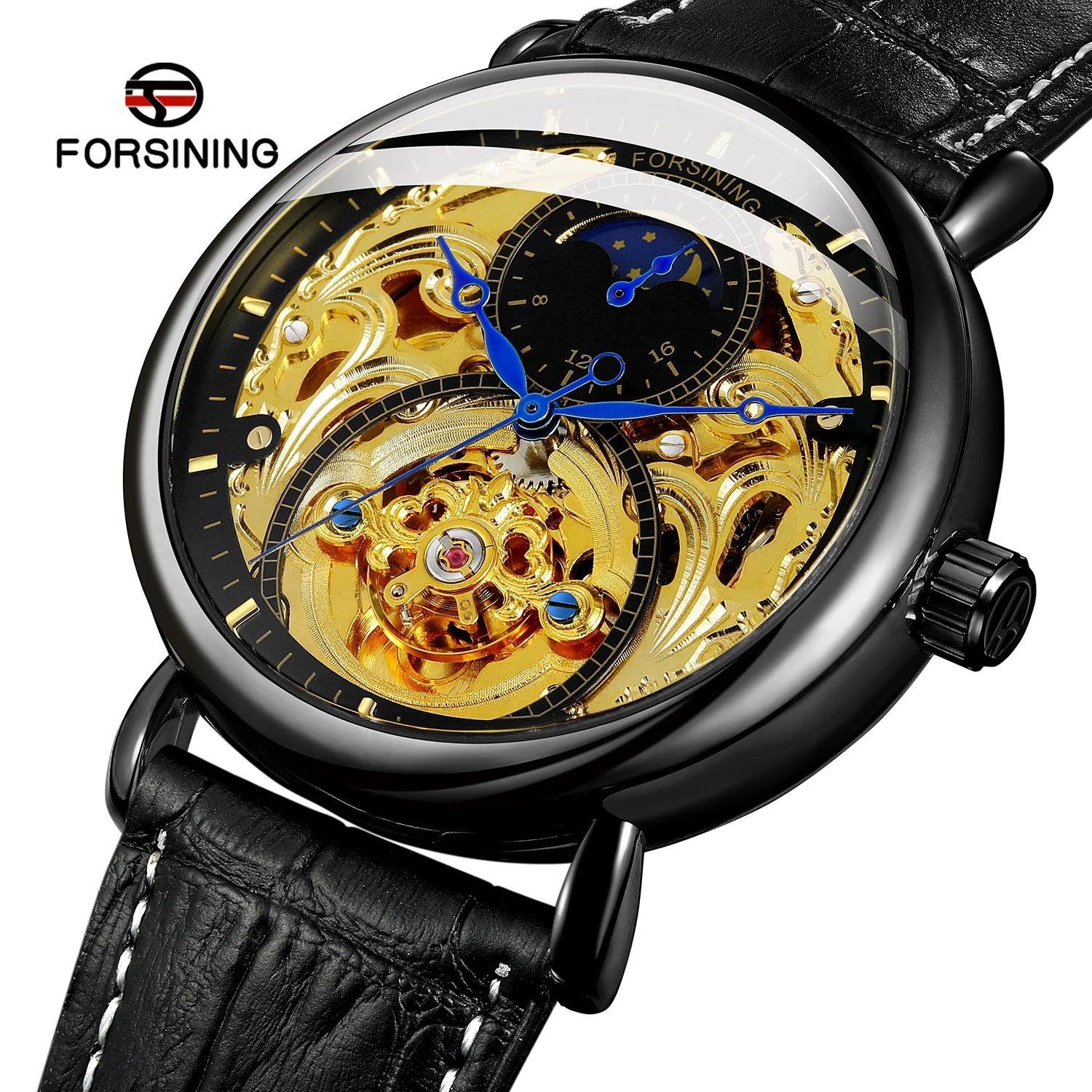 For Shanghai Automatic Mechanical Luxury Skeleton Moon Phase Gold Leather Strap Men's Watch 24mm Band