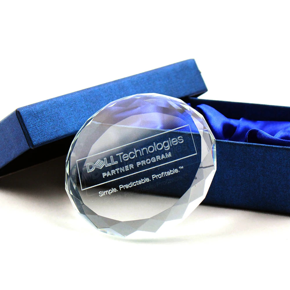 Personalized Facet Round Crystal Glass Etched Paper Weight for Company Anniversary