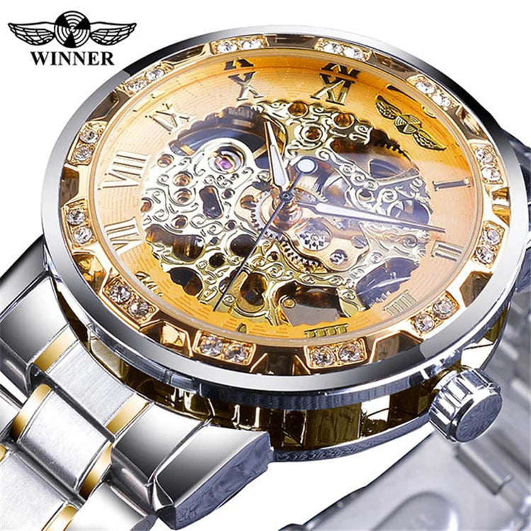 Winner 01B Fashion Diamond Display Luminous Hands Gear Movement Retro Royal Design Men Mechanical Skeleton Wrist Watches