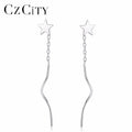 CZCITY Authentic 925 Sterling Silver Drop Dangle Earring for Women Charming Link Chain and Star Design Long Earrings Jewelry